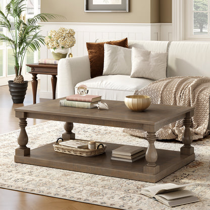 U_STYLE Vintage Coffee Table Featuring Artistic Vase Column Legs and Luxurious Pine Veneer for Timeless Charm,Suitable for living room, study room