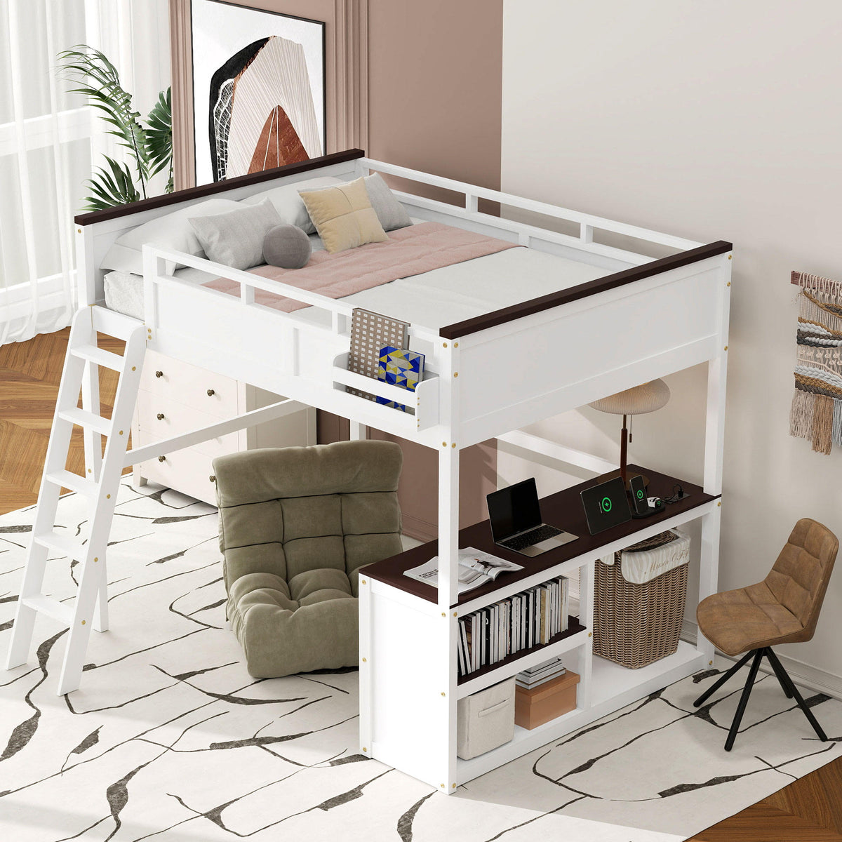 White Queen Size Loft Bed with Desk, Open Shelf, Storage Box and USB Charging Station, Pine+MDF
