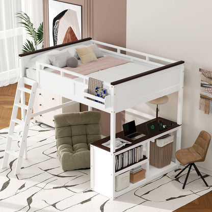 White Queen Size Loft Bed with Desk, Open Shelf, Storage Box and USB Charging Station, Pine+MDF