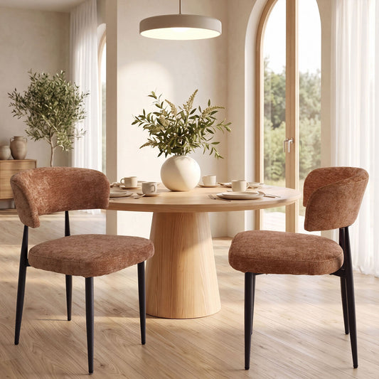 Four brown modern dining chairs, thick chenille soft cushion seats, ergonomic curved backrests, easy to assemble, easy to clean, suitable for use in family restaurants, cafes and small taverns.