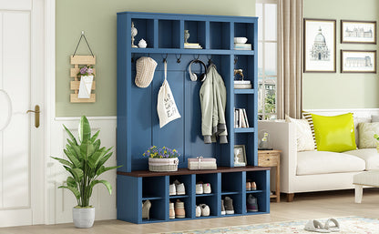 Farmhouse Wooden Hall Tree with 6 Hooks, Walnut Storage Bench with Adjustable Shelves, 4-in-1 Entryway Shoe Cabinet with Cubbies for Mudroom, Living Room, Blue (New Color of N721S000044K-1/B-1)