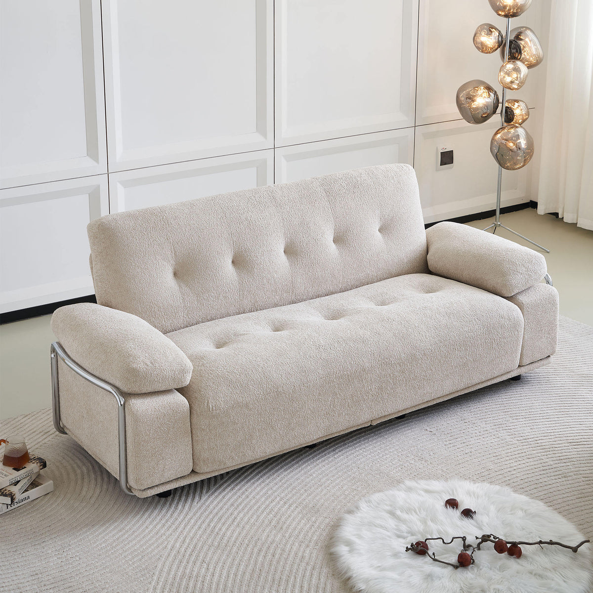 88.98'' Width Modern Sofa with Compression Seat Cushions and Back Cushions,Steel Arm Frame,Chenille Fabric,Beige Color
