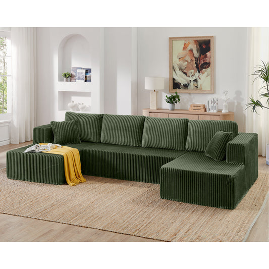 U shape Modular Sectional Sofa, Compressed Sectional Sofa Modern Minimalist Style Corduroy Couch, Sleeper Sofa – Green