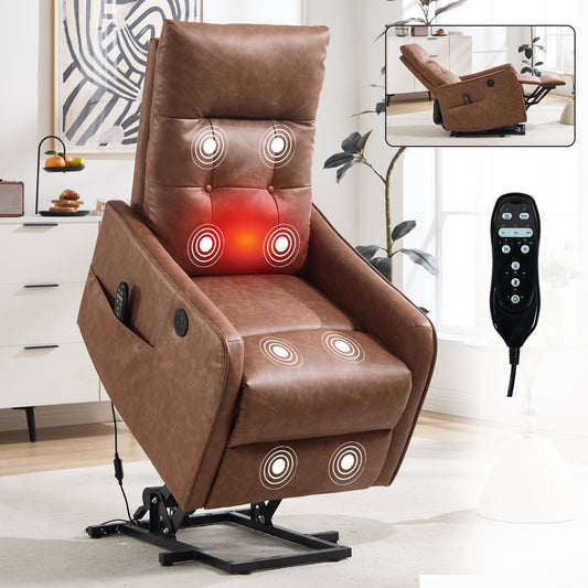 Brown PU Single Motor Power Lift Recliner Chair with Massage and Heat for Elderly, Heavy Duty Motion Mechanism and One USB for Charging, Max Reclining Angle 155°