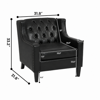 Black Faux PU Leather Accent Chair, Mid-Century Tufted Armchair with Nailhead Trim, Equipped with High Resilience Sponge Cushion & Solid Wood Legs, Comfortable Single Sofa for Living Room, Bedroom