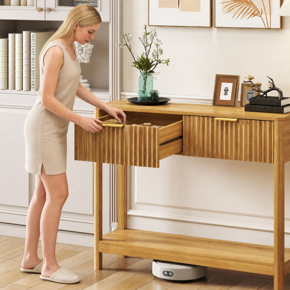 Mid-Century Modern Fluted Console Table with 2 Drawers & Open Shelf, Oak Finish Narrow Entryway Table, Slim Sofa Table for Hallway, Living Room, Small Spaces, Easy Assembly