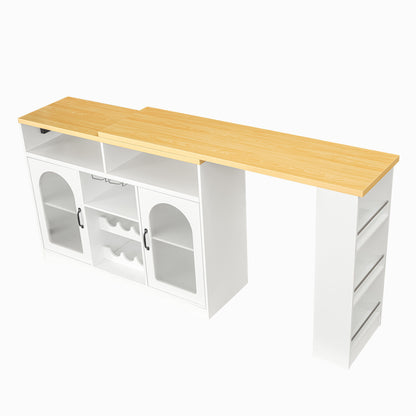 U_STYLE Sideboard with Extendable Tabletop and Wine Rack, Counter Height Bar Table with Color LED Lighting and Left-side Power Outlet, Mobile Farmhouse Wine Cabinet Cart on Wheels (Chairs Not Included