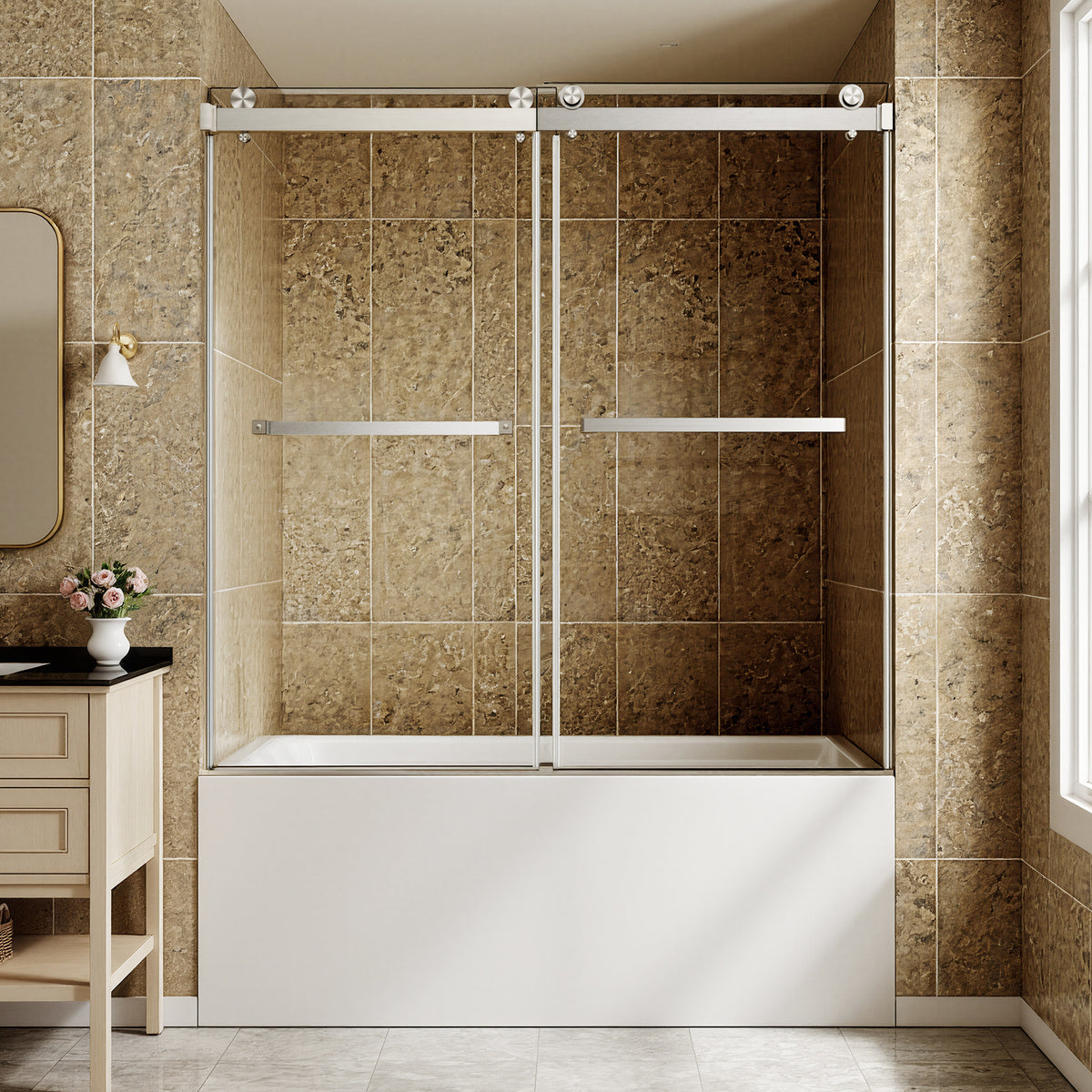 60' W x 60' H Brushed Nickel Frameless Double Sliding Shower Door, Bathtub Door, 5/16'(8mm) Tempered Glass, Explosion-proof Film, Nano Coating