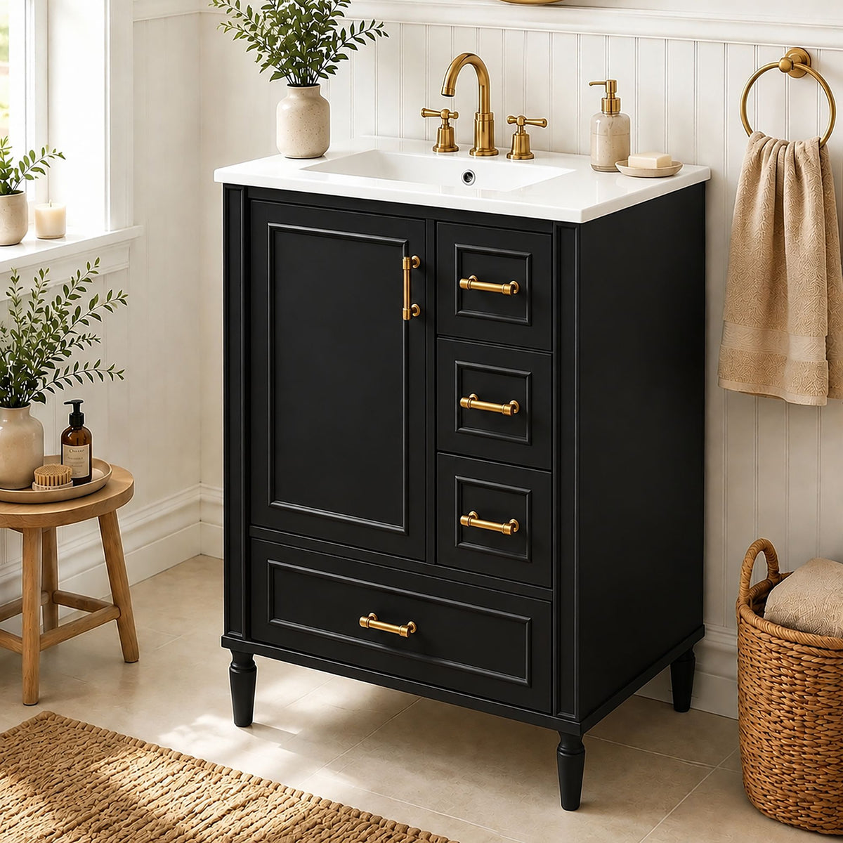 24' Modern Bathroom Vanity with Ceramic Sink, Soft-Close Door, 3 Drawers, Gold Handles, and Door-Mounted Rack for Space-Saving Storage(Old SKU:N729P373272B)