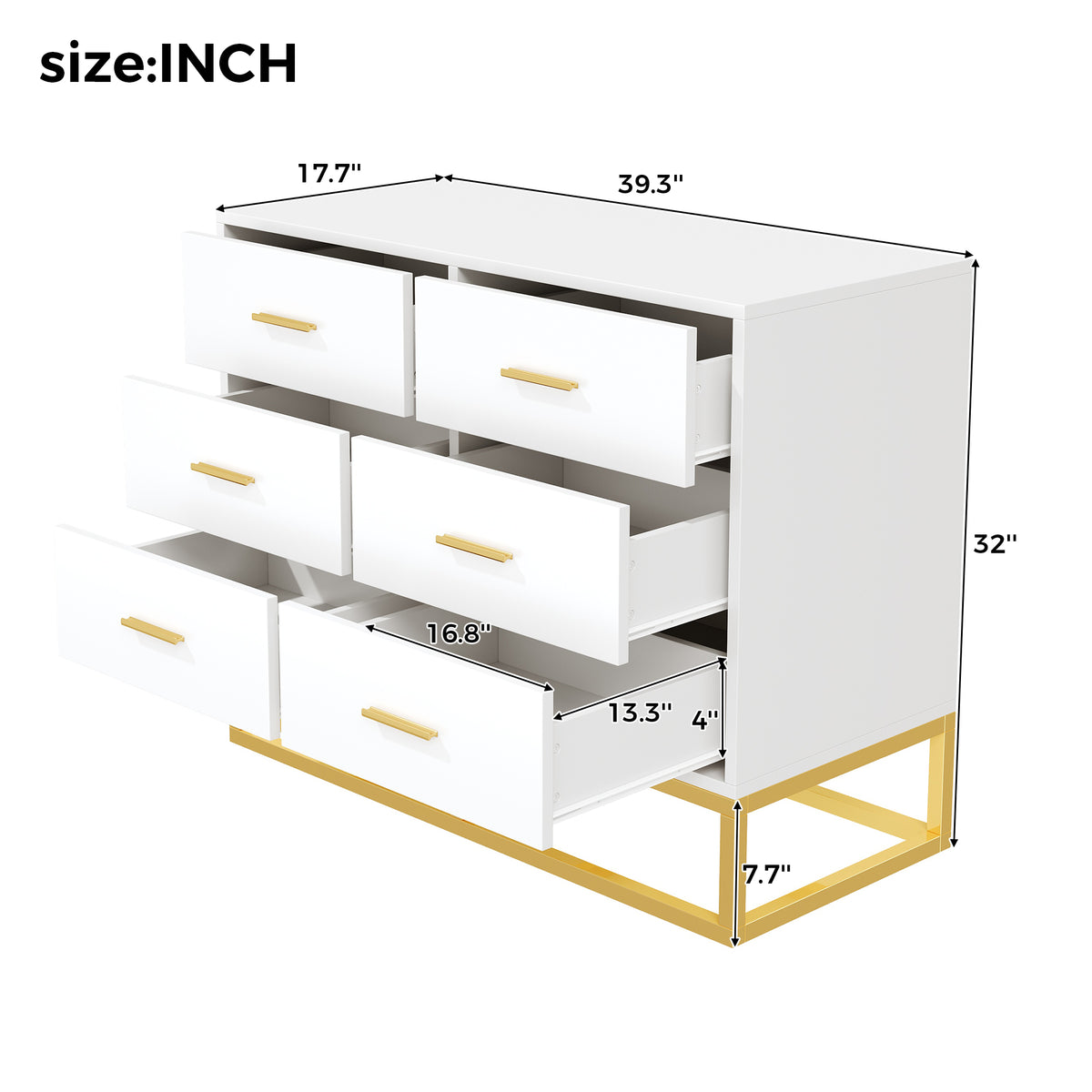 Modern 6 Drawer Dresser with Gold Metal Legs, Large Storage Chest of Drawers for Bedroom, Contemporary Wood Cabinet with Gold Handles, High-gloss White Finish