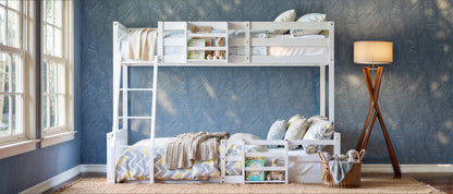 Twin Over Full Floor Bunk Bed with Ladder and Bookshelf, Space-Saving, Noise-Free, No Box Spring Needed,White