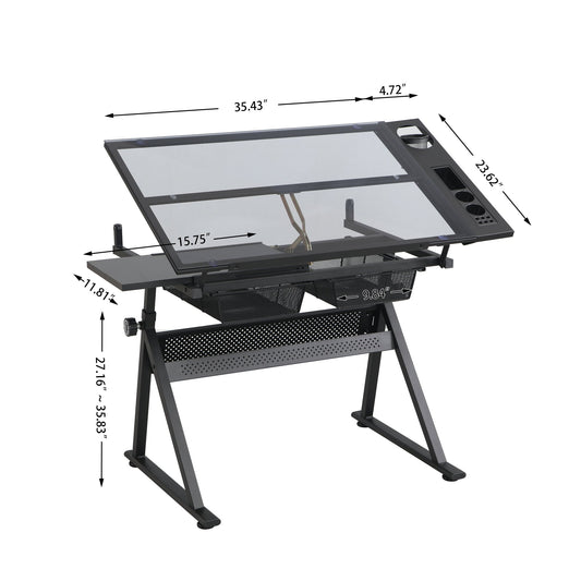 Drafting Table, 0-70° Adjustable Glass Top Artist Table  - Height Adjustable Drafting Desk with Large Storage for Painting & Crafting - Ideal for Designers and Art Students (black)