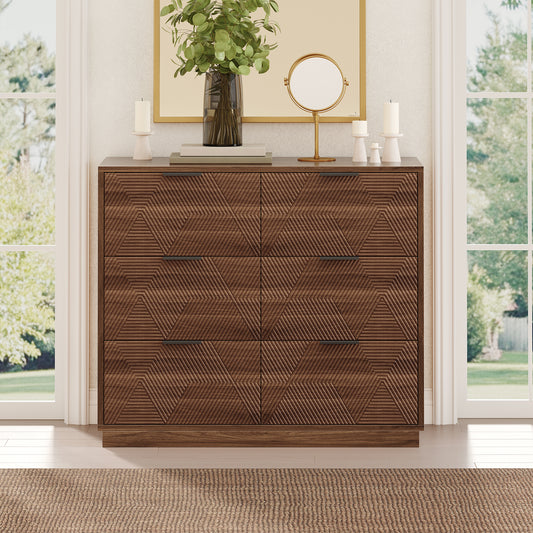Modern Walnut Dresser with 6 Drawers, Mid Century 3D Geometric Wood Chest of Drawers, Large Storage Cabinet for Bedroom, Living Room & Entryway