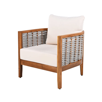Outdoor Unique Tub Design Armchair with Woven Rope, Patio Furniture Acacia Wood Chair,  Deep Seating with Soft Cushions for Porch, Garden, Backyard, Balcony, Teak Finish & Beige Cushion