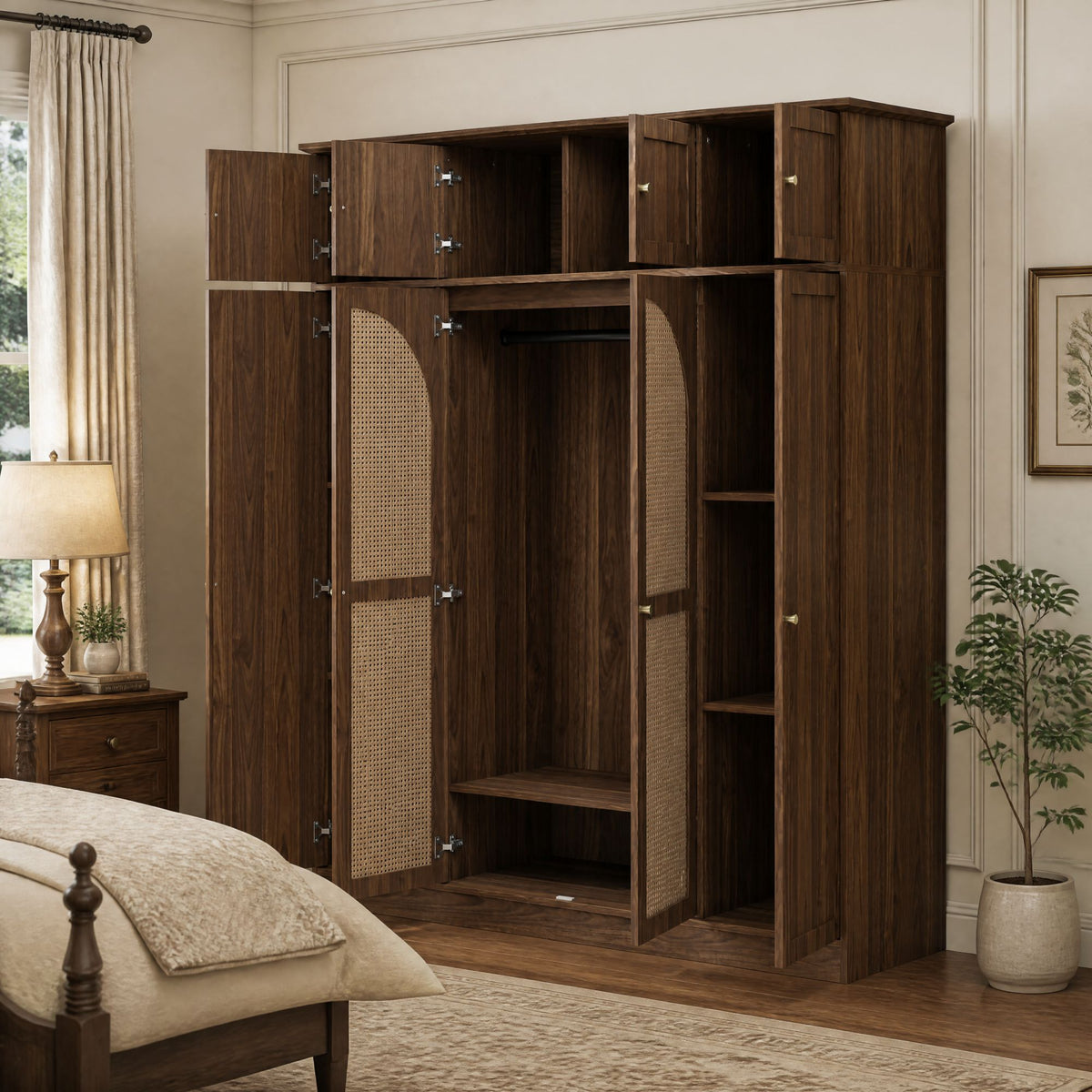 70.87"Tall 8-Door Large Capacity Armoire Wardrobe Closet with Hanging Rod, Adjustable Shelves and Rattan Decorative Doors, Clothing Storage Cabinet for Bedroom, walk-in closet, Living Room, Walnut