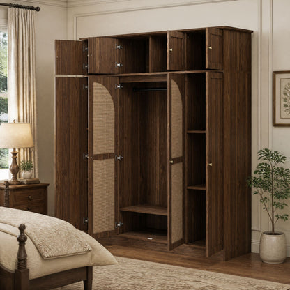 70.87"Tall 8-Door Large Capacity Armoire Wardrobe Closet with Hanging Rod, Adjustable Shelves and Rattan Decorative Doors, Clothing Storage Cabinet for Bedroom, walk-in closet, Living Room, Walnut