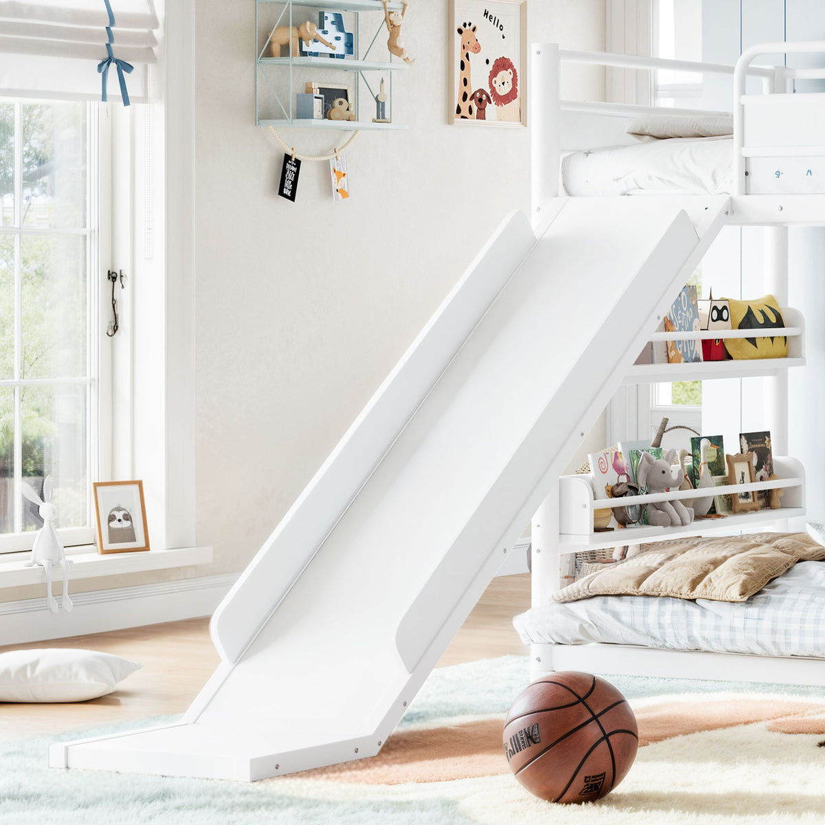 Twin size metal loft/bunk bed with basketball hoop, pull-up rings, climbing wall, and built-in bookshelves. Playful children's design featuring a slide,White.