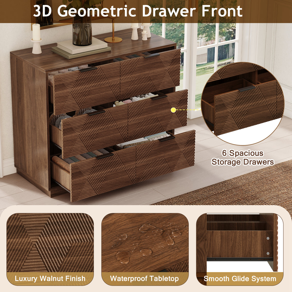 Modern Walnut Dresser with 6 Drawers, Mid Century 3D Geometric Wood Chest of Drawers, Large Storage Cabinet for Bedroom, Living Room & Entryway