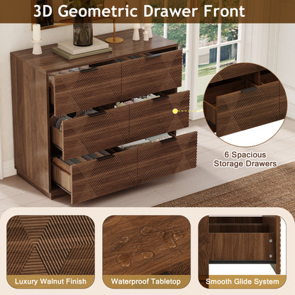 Modern Walnut Dresser with 6 Drawers, Mid Century 3D Geometric Wood Chest of Drawers, Large Storage Cabinet for Bedroom, Living Room & Entryway