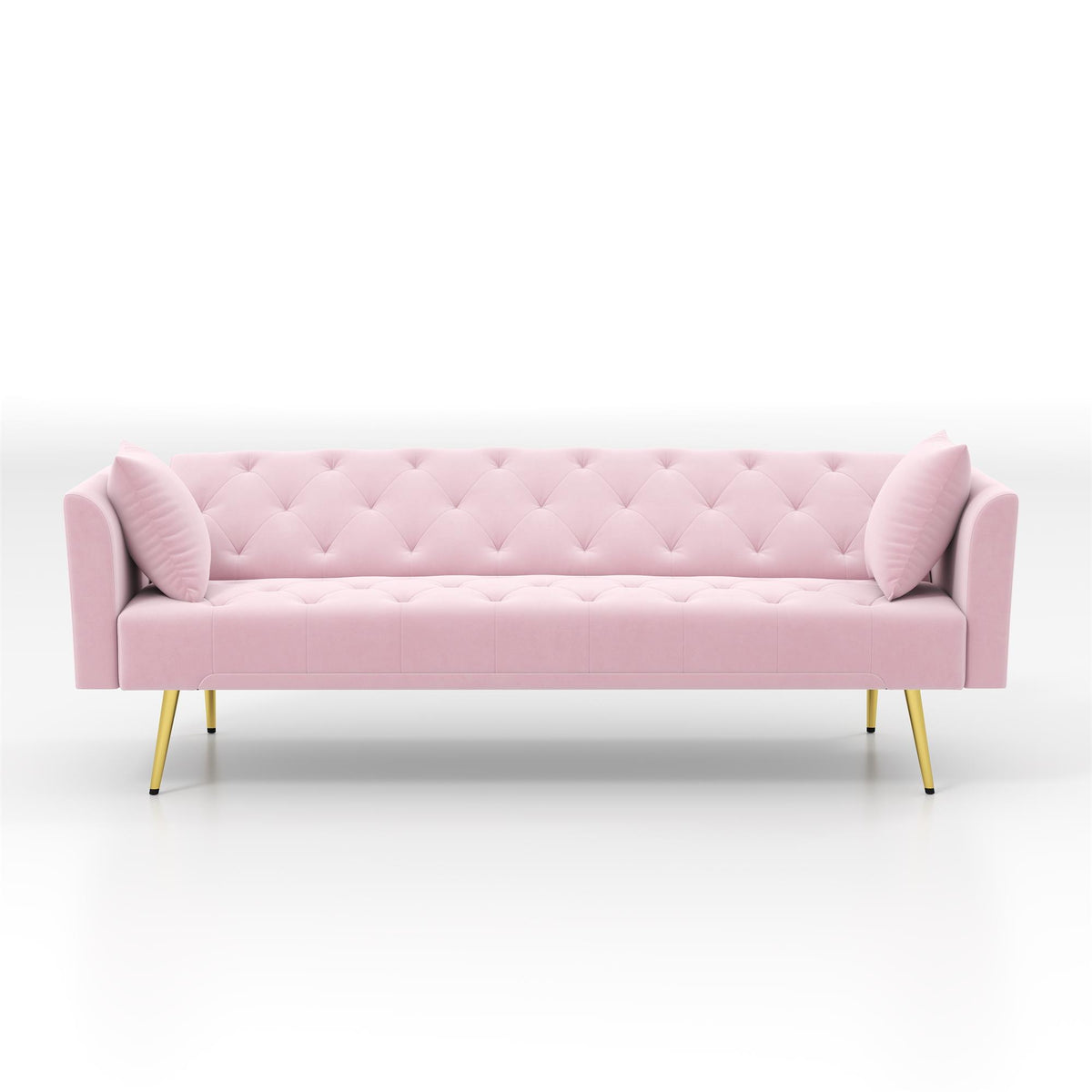 Modern convertible 72 inch foldable sleeper sofa with tufted, American retro style, made of pink velvet material, suitable for small living rooms, bedrooms and offices. pink color