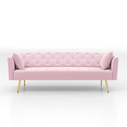 Modern convertible 72 inch foldable sleeper sofa with tufted, American retro style, made of pink velvet material, suitable for small living rooms, bedrooms and offices. pink color