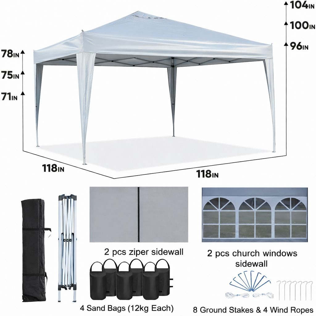 Outdoor 10x 10Ft Pop Up Gazebo Canopy Tent Removable Sidewall with Zipper, 2pcs Sidewall with Windows, with 4pcs Weight sand bag – Black