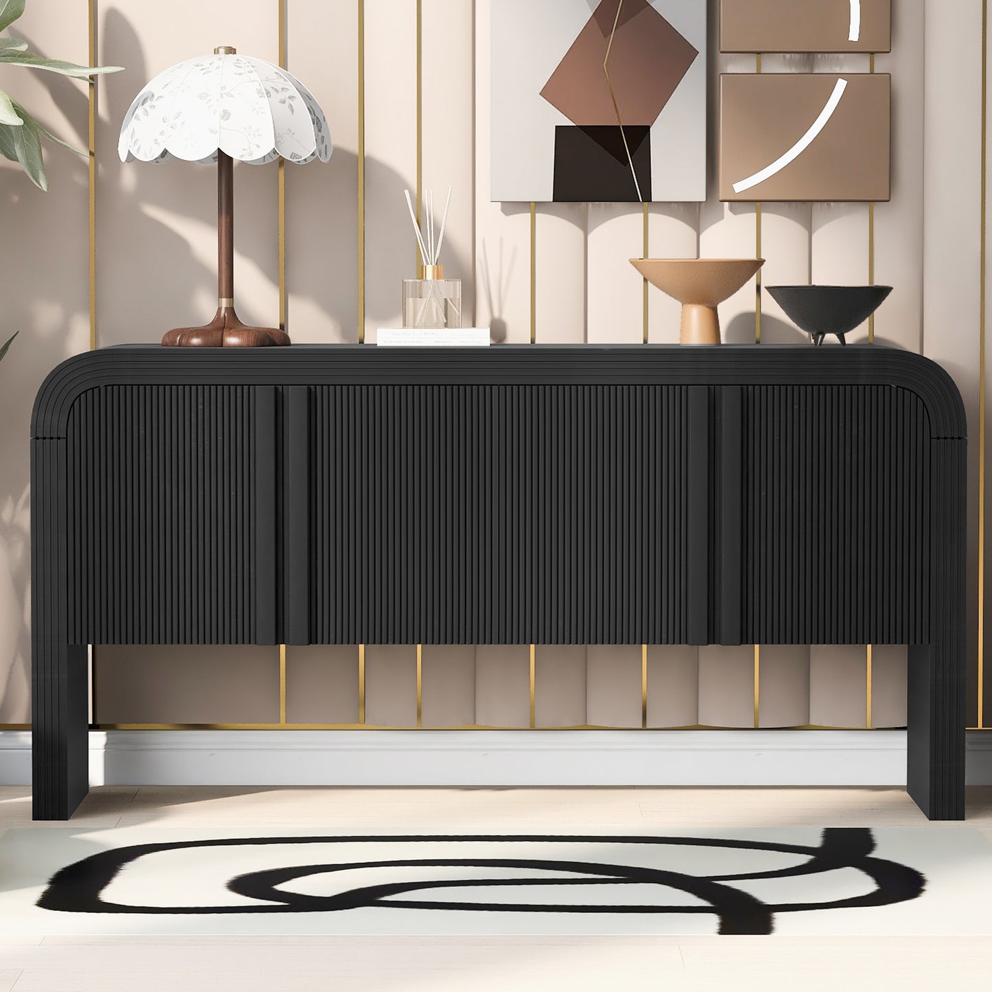 U_STYLE 62.2-Inch Wave-Pattern Console Table with 4 Doors and Adjustable Shelf,Curved design Sofa Table Behind Couch,Rustic Narrow Entryway Table for Living Room, Foyer and Hallway