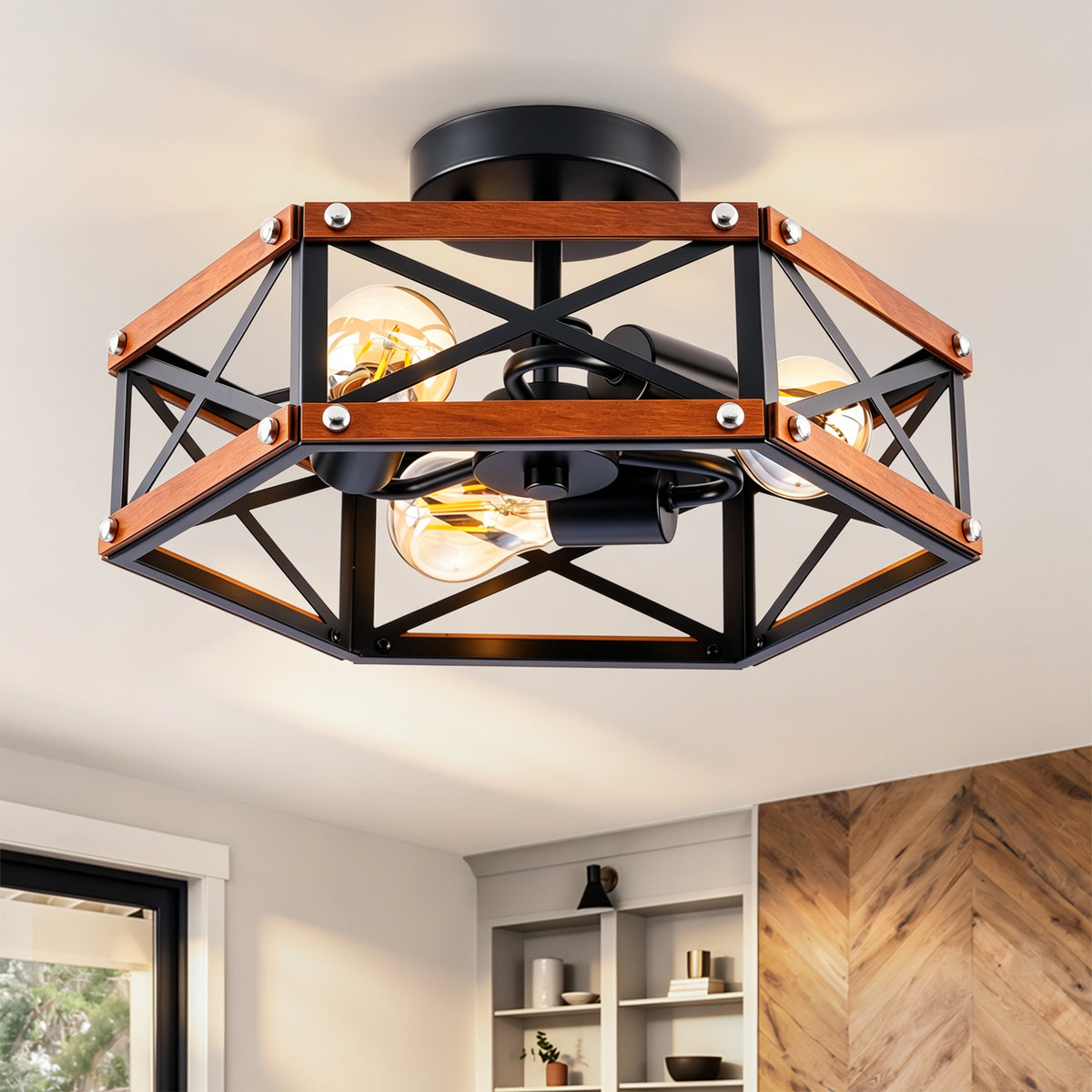 Rustic Farmhouse Wood Flush Mount Ceiling Light Fixture 14.57 inch Wood and Metal Cage Semi Flush Mount Ceiling Light for Hallway Entry Dining Farmhouse Bedroom Living Room,--Matte Black