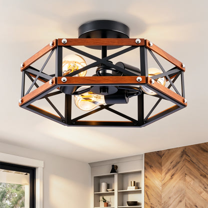 Rustic Farmhouse Wood Flush Mount Ceiling Light Fixture 14.57 inch Wood and Metal Cage Semi Flush Mount Ceiling Light for Hallway Entry Dining Farmhouse Bedroom Living Room,--Matte Black