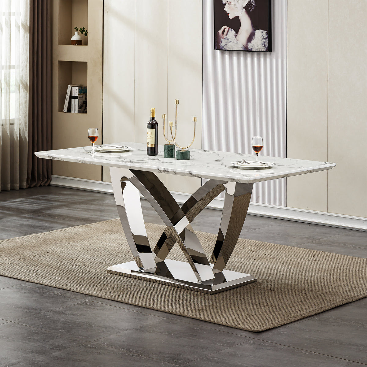 Marble Dining Table for 6 People, 70'' Rectangle Faux Marble Dining Table with Mirrored Finish Stainless Steel Base, Modern Large Size Marble Kitchen Table (Silver,White)(only table)