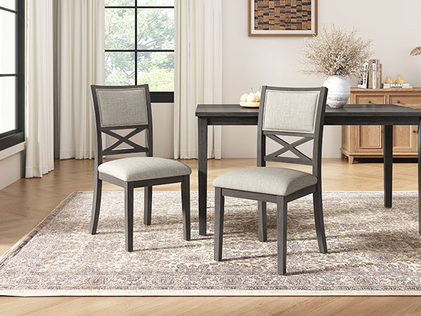 Upholstered Dining Chairs Set of 4, Farmhouse Style Chairs, 3.27" Thick Padded Foam Seat & Ergonomic High Cross Back, Sturdy Rubberwood Legs for Dining Room, Dark Gray + Beige Cushion