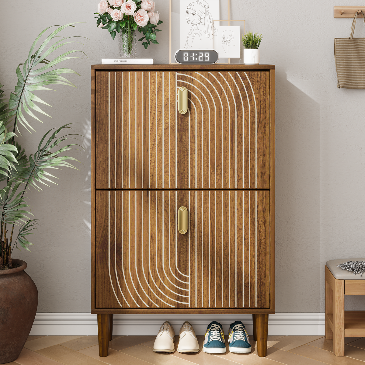 Shoe Storage Cabinet with 2 Flip Drawers,Free standing Shoe  Cabinet with Metal Handles for Entryway,Shoe Rack Cabinet with line groove design,23.6"W