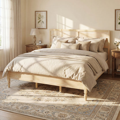 King Size Wood Platform Bed Frame with Classic Panel Headboard, Natural Finish, Solid Wood and MDF Construction, 10 Wooden Slats, No Box Spring Needed