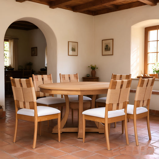 Natural Wood Round Extendable Dining Table Set of 7, 6pcs Rope Woven Back Dining Chairs with Upholstered seats, Natural Oak Finish Dinner Table Set for Kitchen Dining Room
