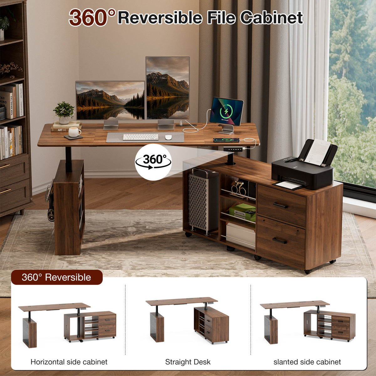 63' L-Shaped Electric Standing Desk with Drawers, Power Outlet & Storage, Height Adjustable Corner Desk with Monitor Stand and Cable Management
