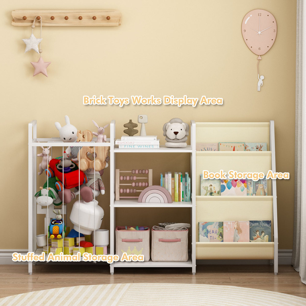 Kids Bookshelf and Toy Storage, 3-in-1 Book Shelf for Kids Rooms, Sling Baby Bookcase with Stuffed Animal Storage, Toddler Montessori Bookshelf for Nursery, Playroom, Kindergarten, White