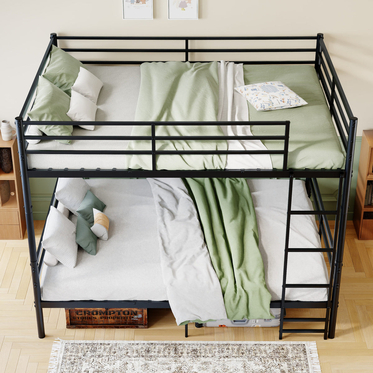 Queen-size heavy-duty bunk bed with ladder and high guardrails, 20 crossbars, minimum load capacity of 880 lbs per bunk, can be split into two double beds, includes storage space, black.