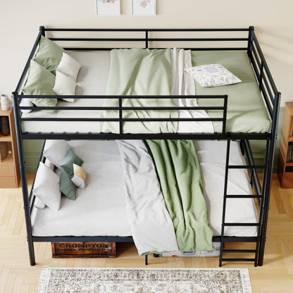 Queen-size heavy-duty bunk bed with ladder and high guardrails, 20 crossbars, minimum load capacity of 880 lbs per bunk, can be split into two double beds, includes storage space, black.
