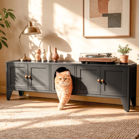 58' Metal Cat Litter Box Enclosure, Hidden Litter Box Furniture for 2 Cats, Large Indoor Cat House TV Stand Cabinet with Ventilation & 2 Compartments, Black Modern Pet Washroom with Adjustable Legs