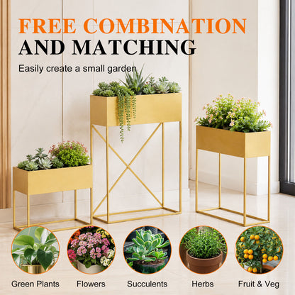 3‑Pack Pre‑Assembled Gold Metal Elevated Planter Stand with Non‑Woven Liner, UV‑Resistant Rectangular Raised Herb Flower Planter Box for Patio Balcony Indoor Outdoor