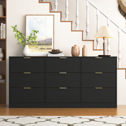 Black 9 Drawer Dresser, 63" Large Deep Chest of Drawers, Wooden Dresser Storage Cabinet with 9 Drawers, Long Dressers