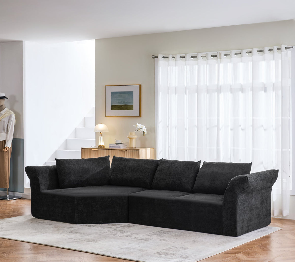 Modern Minimalist Modular Sectional Sofa, Left Arm, Wide Armrests & Throw Pillows, Elegant Curved Corner Sofa for Living Room & Bedroom-Black