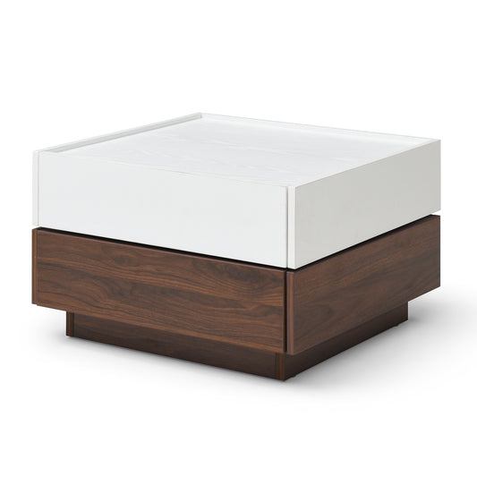 Rotating Coffee Table with 2 Drawers, High wood 2-Tier Center Table with Storage, Square Coffee Table with Swivel Tabletop for Living Room  (white and Walnut )