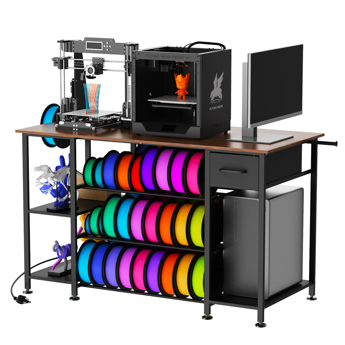Large 3D Printer Table with Charging Station, 4-Tier 3D Printer Stand with Filament Storage and Drawer, Filament Rack, Heavy Duty Metal 3D Printer Desk for Workshop, Studio & Home Office