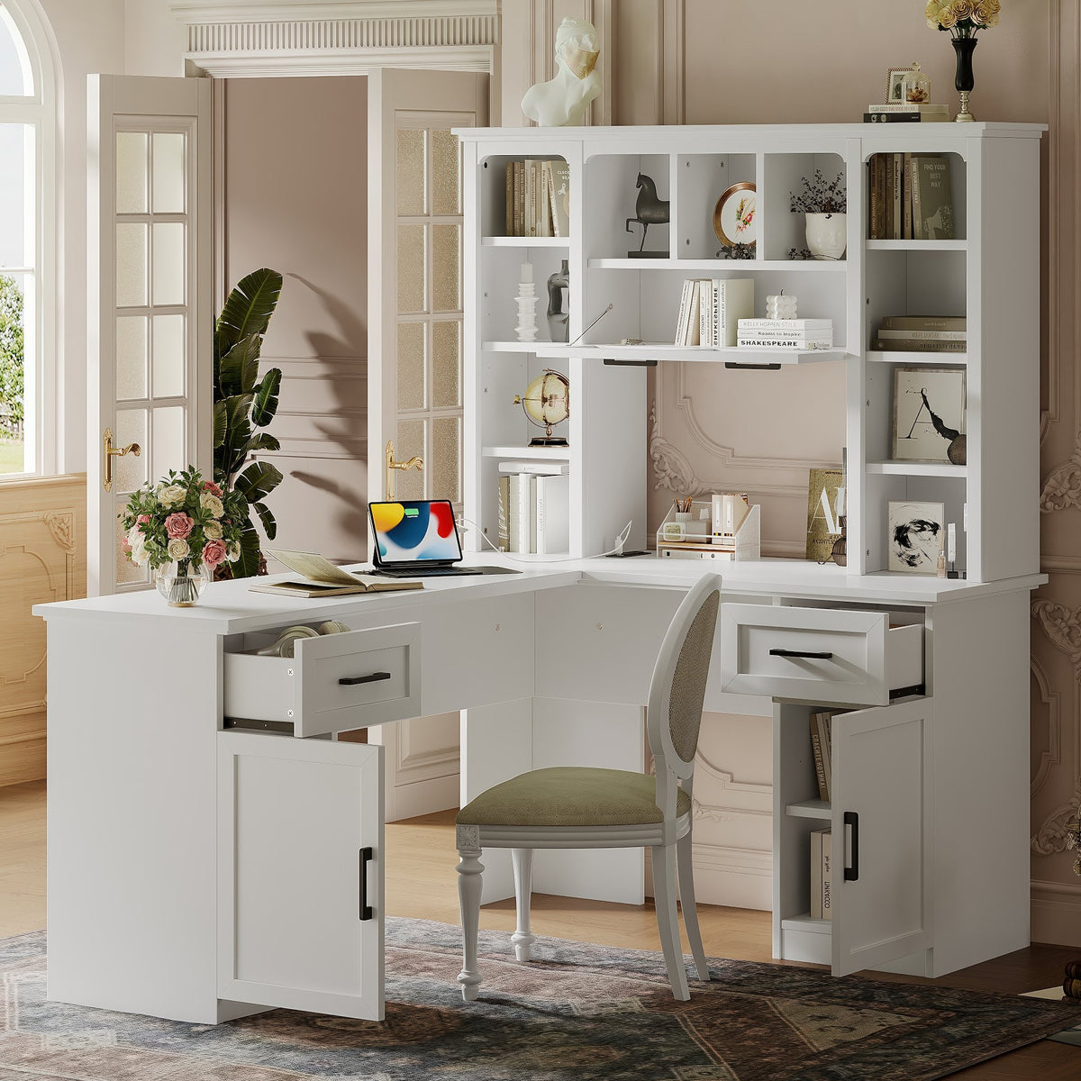 L-Shaped Computer Desk with 2 Cabinets and 2 Drawers, 11 Open Shelves and 1 Right Flip Shelf with Storage, with Power Outlet, White
