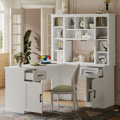 L-Shaped Computer Desk with 2 Cabinets and 2 Drawers, 11 Open Shelves and 1 Right Flip Shelf with Storage, with Power Outlet, White