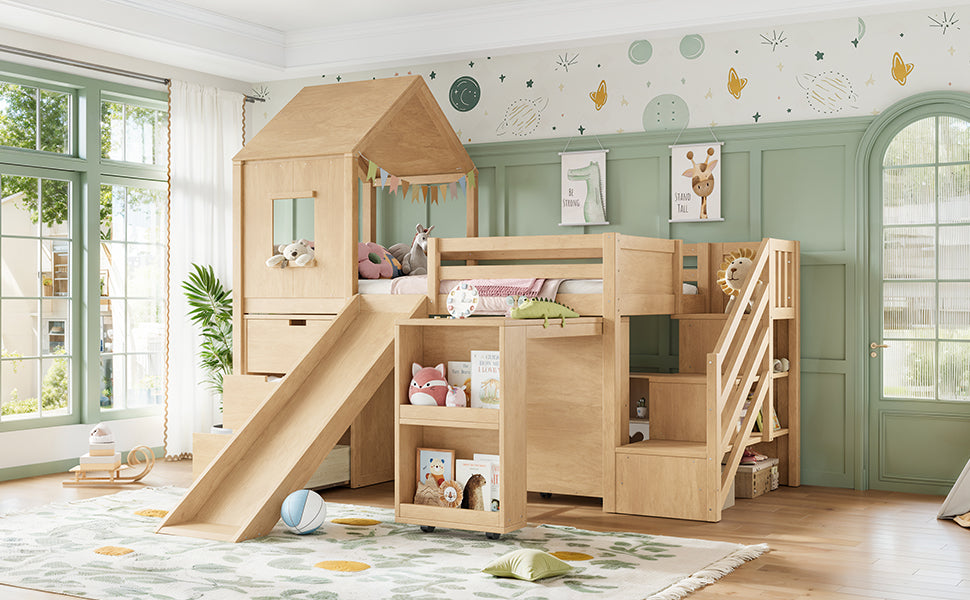 Twin Playhouse Loft Bed with Integrated Storage Drawers, Open Stair Shelves & Pull Out Desk, Kids Low House Loft Bed with Slide and Play Window, Natural