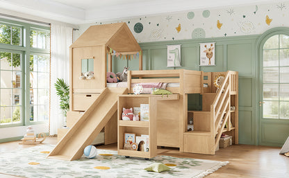 Twin Playhouse Loft Bed with Integrated Storage Drawers, Open Stair Shelves & Pull Out Desk, Kids Low House Loft Bed with Slide and Play Window, Natural