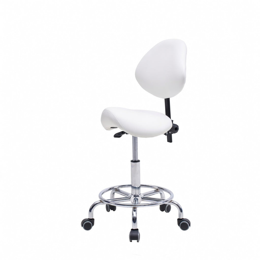 Saddle Stool Chair with Backrest Swivel Hydraulic Ergonomic Tilt Seat Chair with Wheels Footrest for Medical Hospital Clinic Dental-WHITE