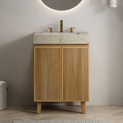 LULA 24' Bathroom Vanity&Sink,Freestanding Cabinet,Cream Gold Vein Sintered Stone Top&Ceramic Basin with 3 Pre-drilled Faucet Holes,Disassembled,NO Faucet and Drain Set, Natural Woodgrain Color